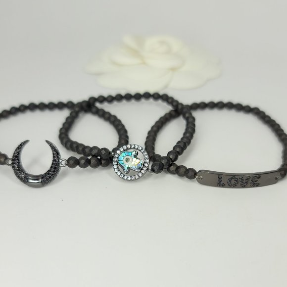 NEW 3 PCS Set Hamsa Love Moon Hematite Bracelets - Picture 5 of 7